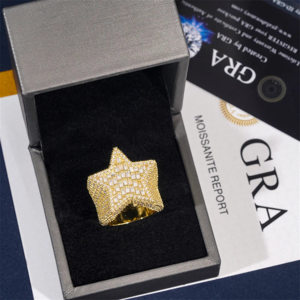 Moissanite Star Ring – D Color with GRA Certificate | 925 Sterling Silver Hip Hop Jewelry
