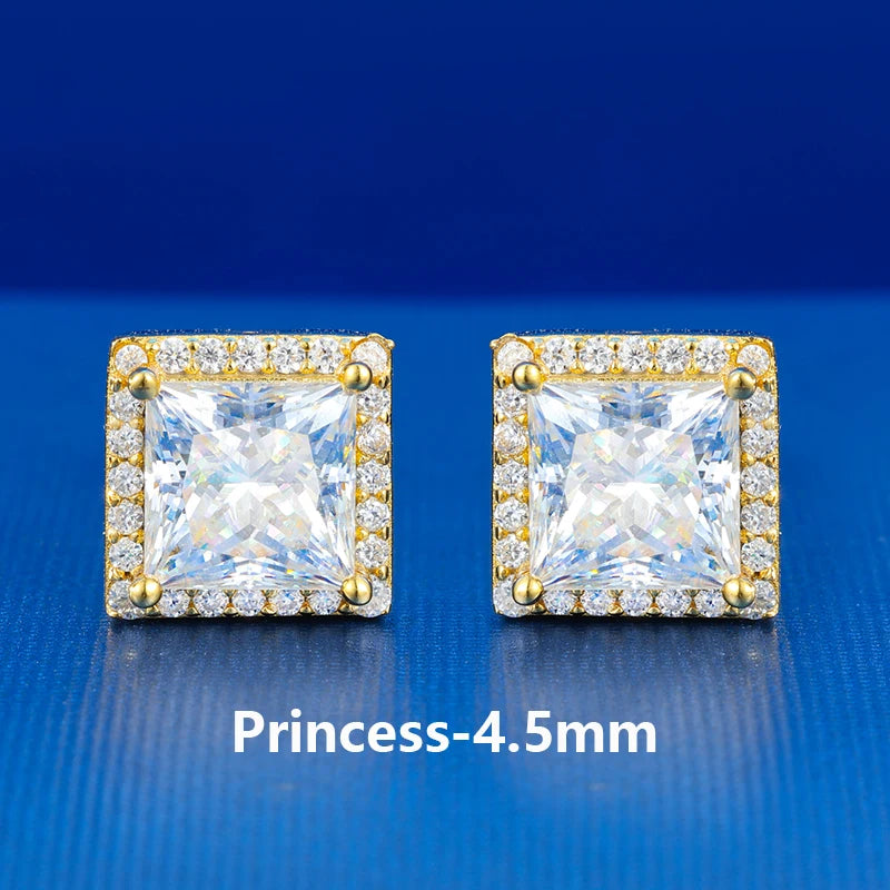 Moissanite Halo Stud Earrings – Princess Cut | 925 Sterling Silver Pass Tester Luxury Jewelry for Men & Women