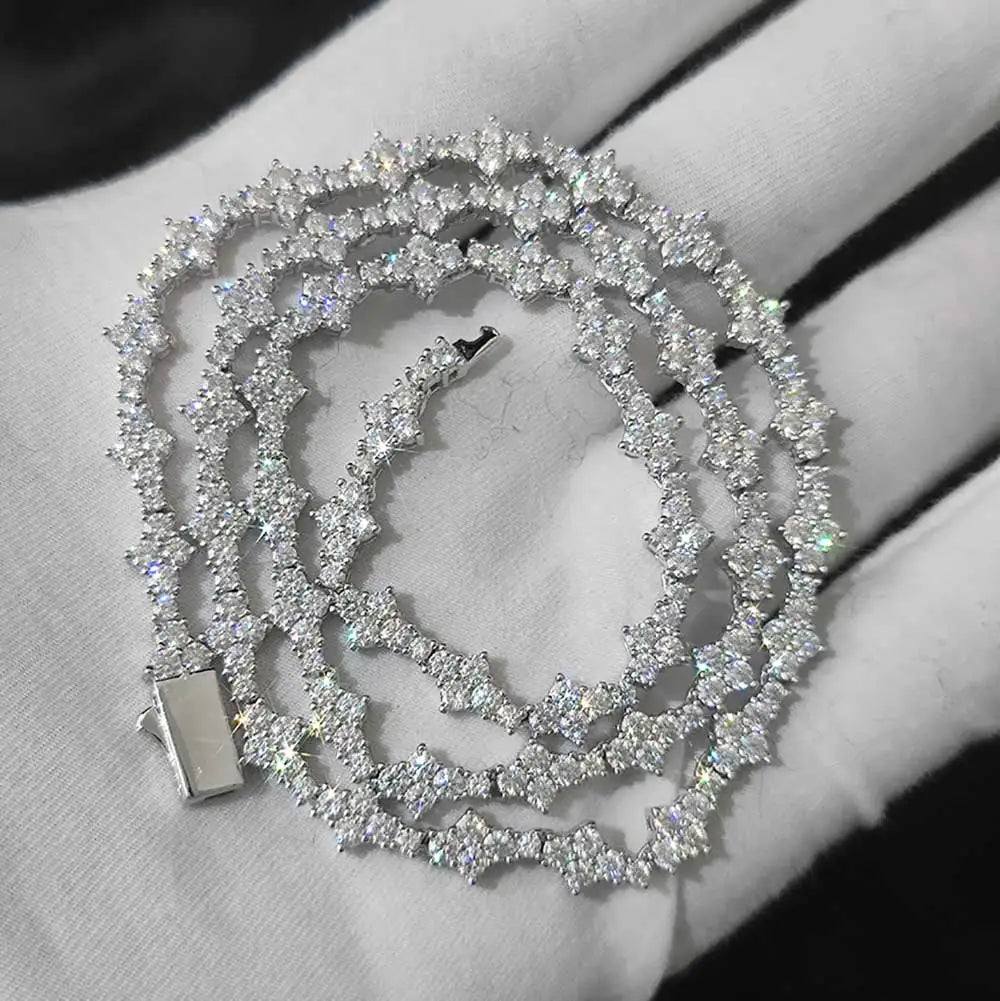 Moissanite Flower Tennis Chain Necklace – 6.5mm Iced Out VVS Hip Hop | 925 Sterling Silver 18K Gold Plated Jewelry
