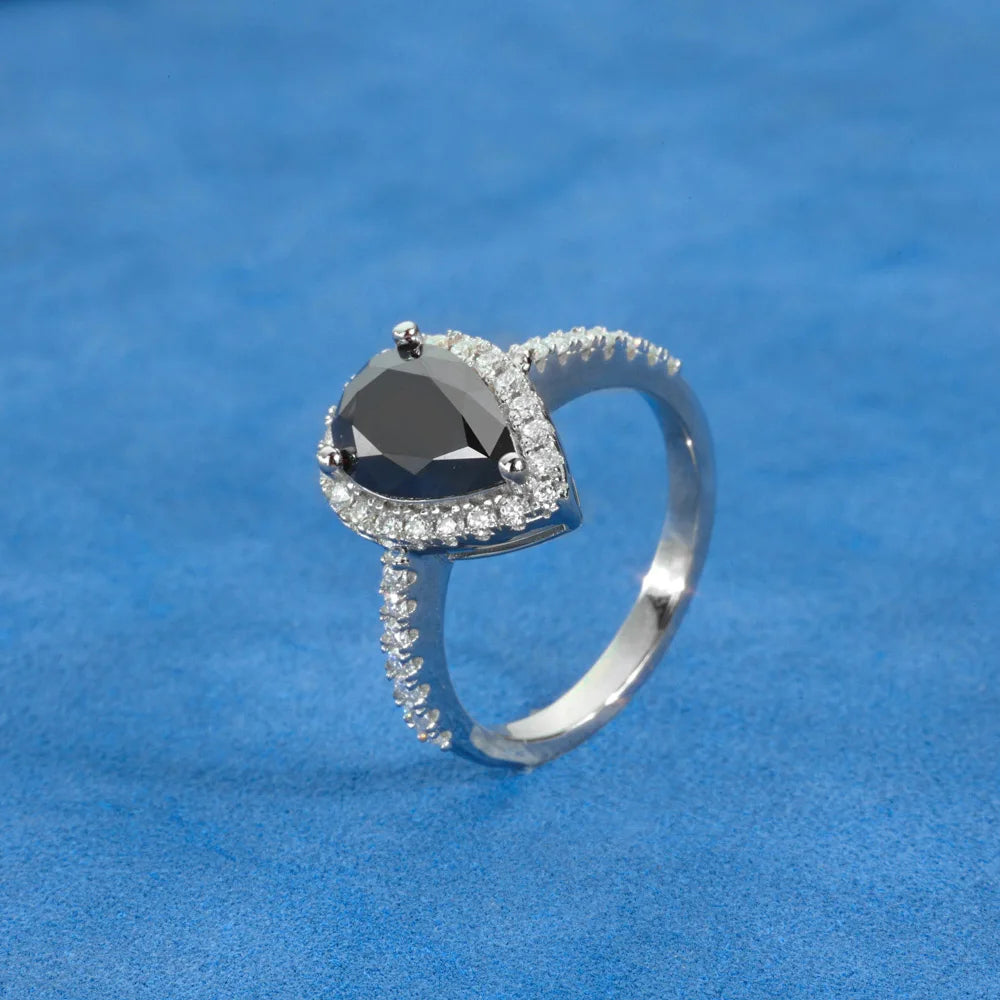 Moissanite Engagement Ring – 2.0ct Pear Shaped Black VVS Diamond Wedding Ring | 925 Sterling Silver Jewelry for Women