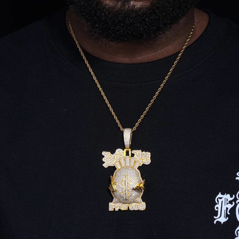 Moissanite Money Bag Pendant Necklace – Iced Out Dollar Design | S925 Sterling Silver Hip Hop Jewelry for Men & Women
