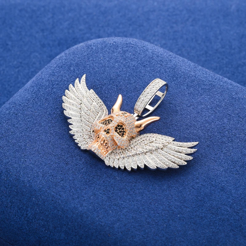 Moissanite Skull Wing Pendant Necklace – Iced Out Bling | 925 Sterling Silver Hip Hop Jewelry for Men & Women