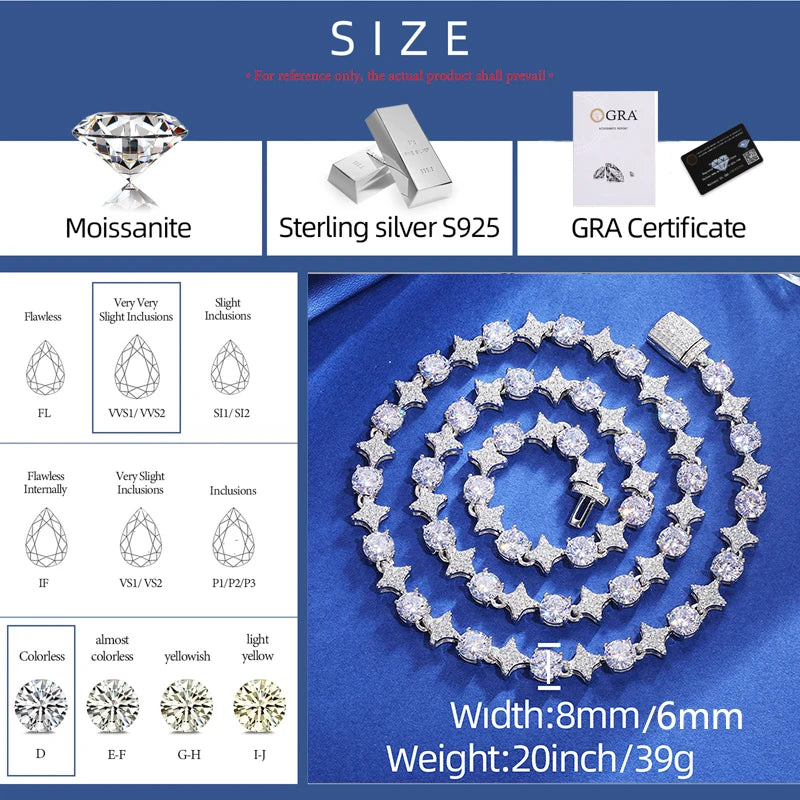 Moissanite Tennis Chain Necklace – Star Round New Design Iced Out Hip Hop Christmas Jewelry | 925 Sterling Silver for Women