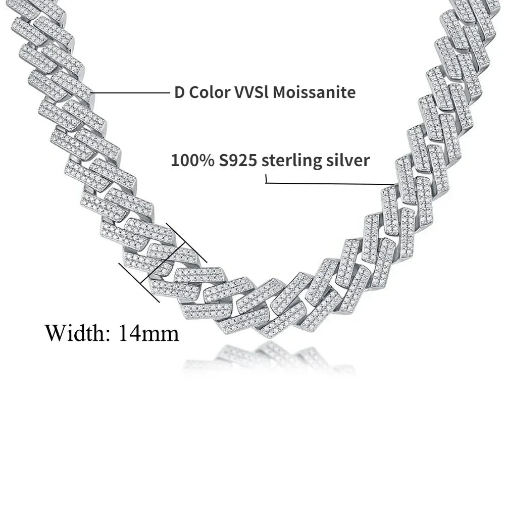 Moissanite Cuban Link Necklace Bracelet – 14mm Full Diamond GRA Certified | 100% 925 Sterling Silver Hip Hop Jewelry for Men & Women