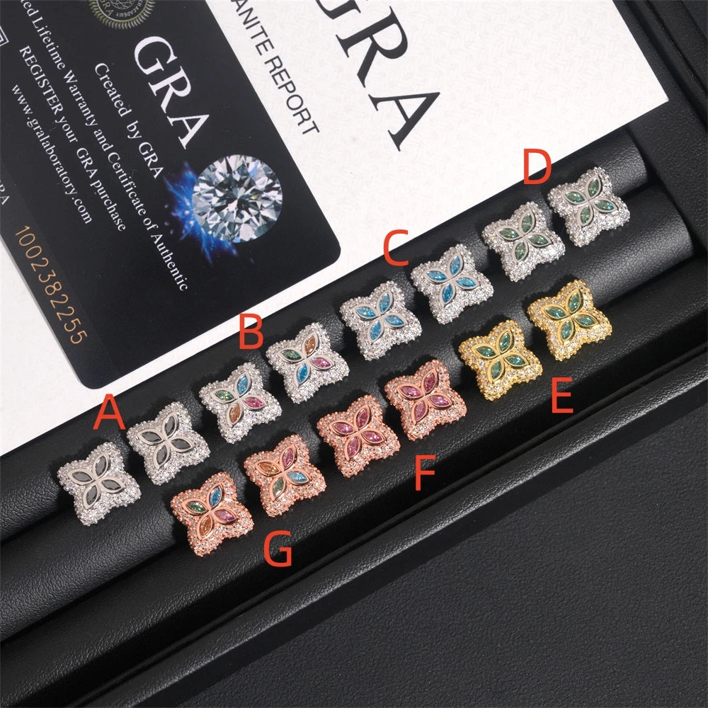 Flower Design Moissanite Stud Earrings – New Arrivals | Colorful Diamond Iced Out Hip Hop Jewelry 925 Sterling Silver