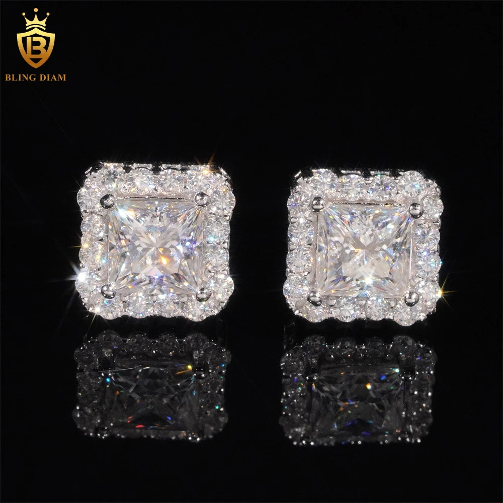 Moissanite Stud Earrings – Princess Cut D Color Main Stone with Certificate | S925 Sterling Silver Fine Jewelry Gifts