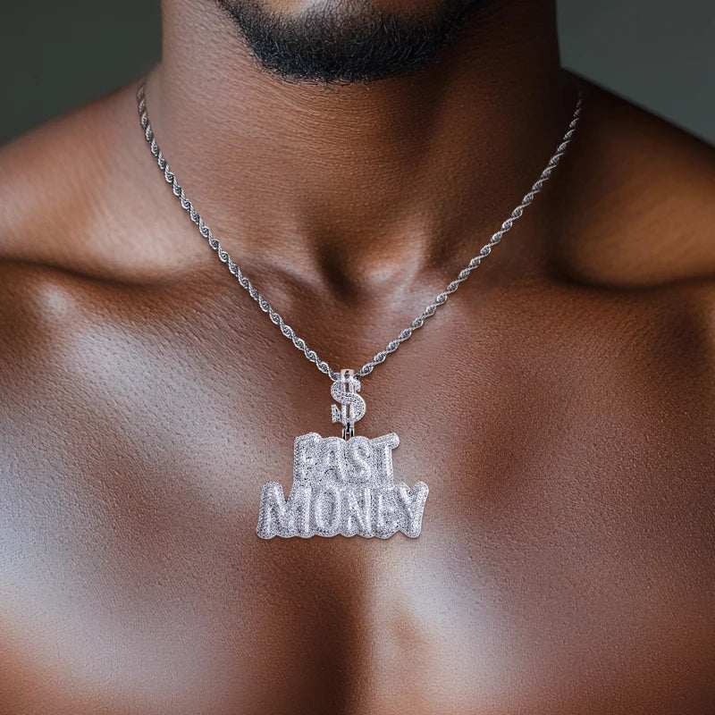 Moissanite Letter Pendant Necklace – 5.89cttw Iced Out Fast Money Design | 14K Gold Plated Hip Hop Bling Jewelry Gifts for Men