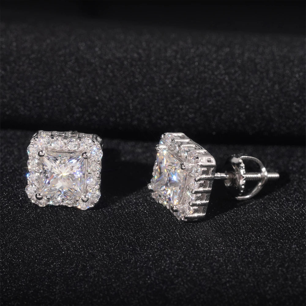 Moissanite Stud Earrings – Princess Cut D Color Main Stone with Certificate | S925 Sterling Silver Fine Jewelry Gifts