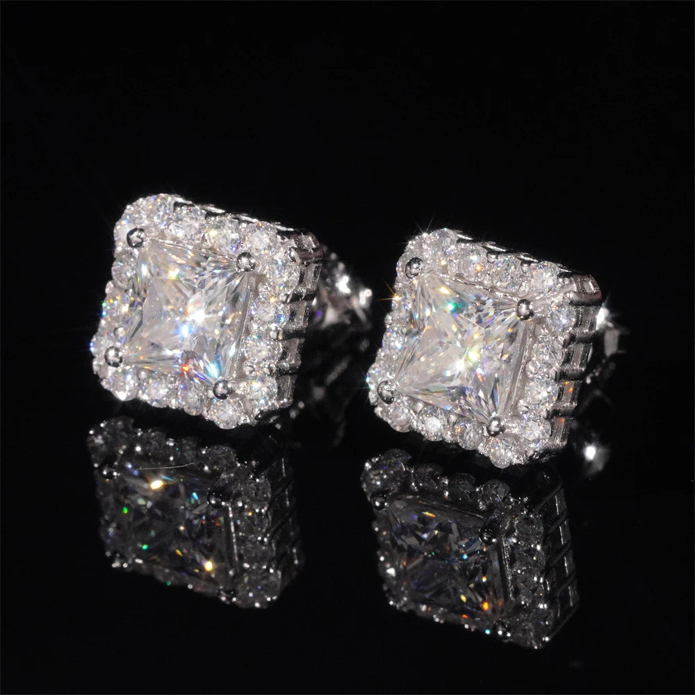 Moissanite Stud Earrings – Princess Cut D Color Main Stone with Certificate | S925 Sterling Silver Fine Jewelry Gifts
