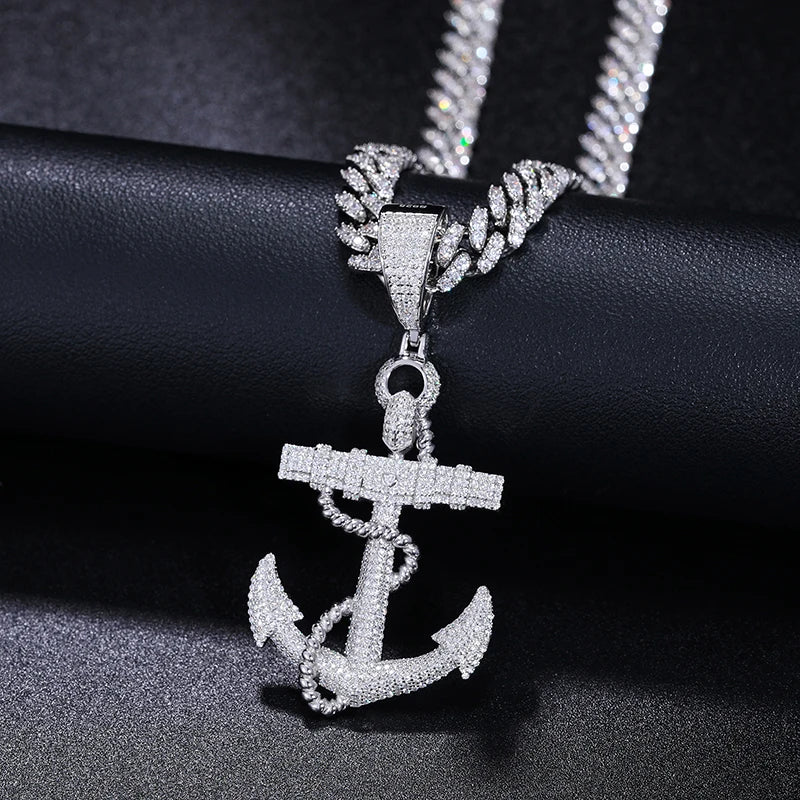 Moissanite Anchor Pendant Necklace – Iced Out Design | 925 Sterling Silver Hip Hop Jewelry for Men & Women