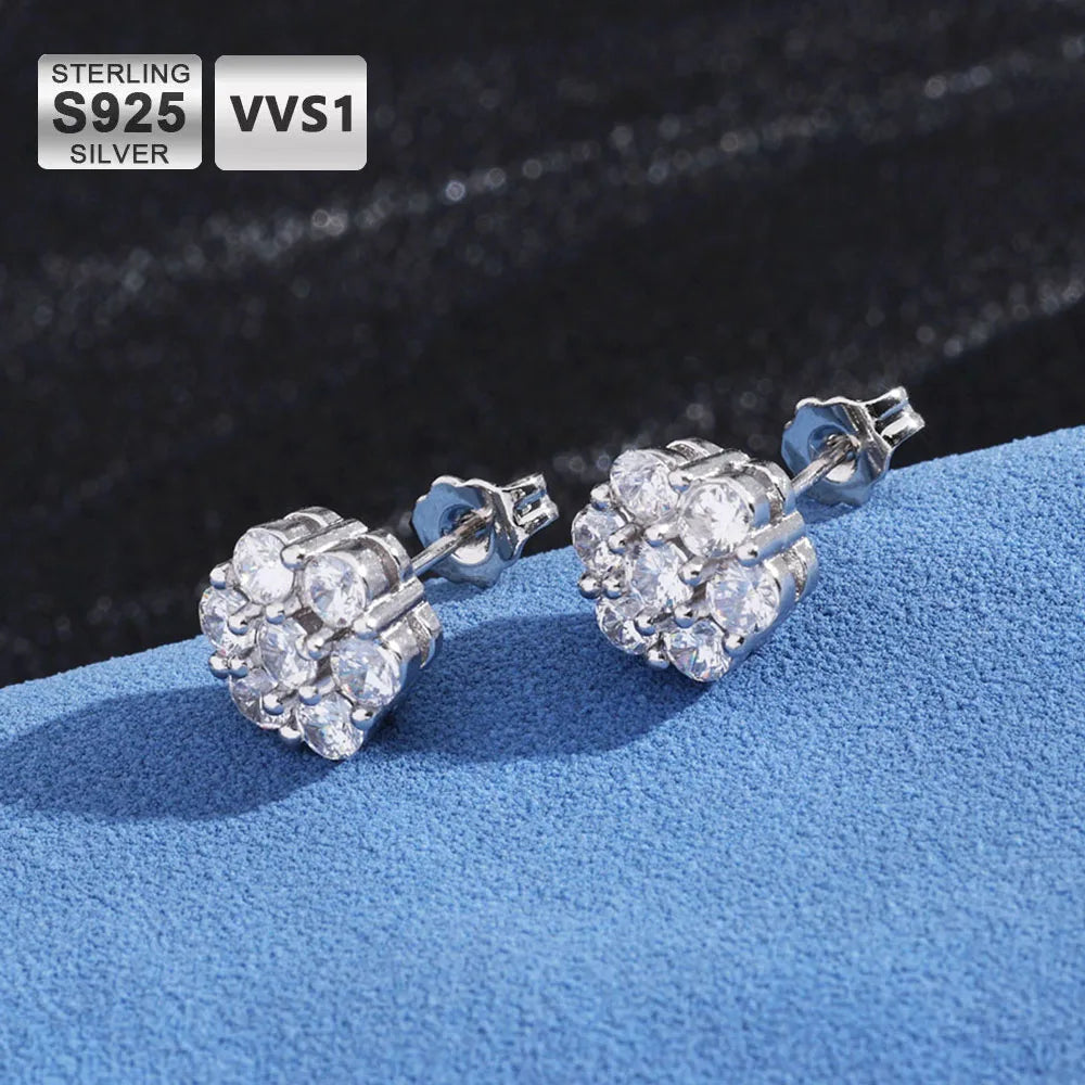 Moissanite Cluster Flower Earrings – VVS Stud Earrings with GRA Certificate | 925 Sterling Silver Hip Hop Jewelry