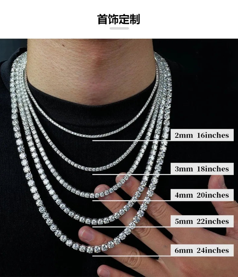 Moissanite Tennis Chain Necklace – Iced Out Diamond 2mm 3mm 4mm 5mm | 925 Sterling Silver Gold Plated Jewelry
