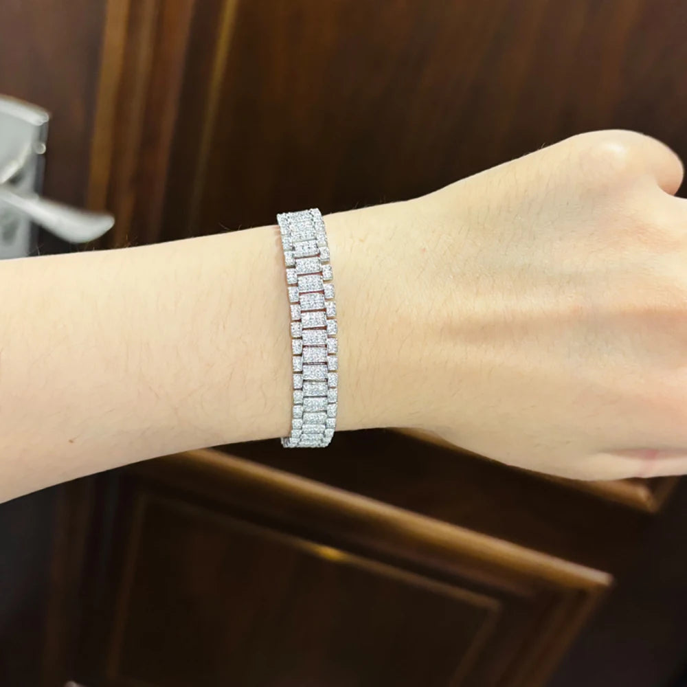 Moissanite Watch Chain Bracelet – 1.2mm Certified Full Diamond Bangle with GRA | 925 Sterling Silver Fine Jewelry for Women & Men