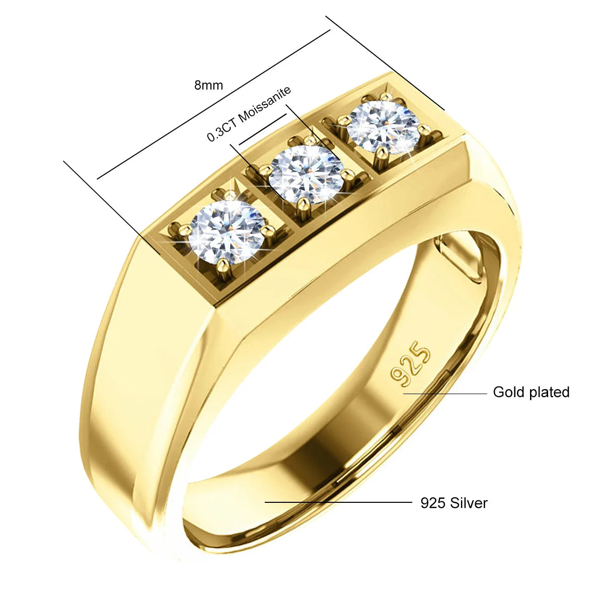 Moissanite Ring – Thick 18K Gold Plated Certified Design | 925 Sterling Silver Luxury Wedding Band for Men