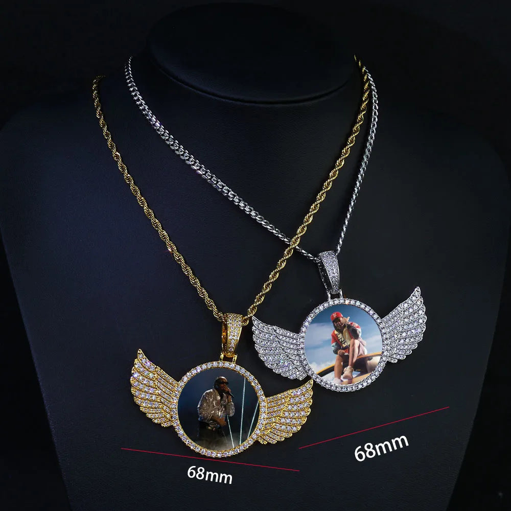 Moissanite Angel Wings Memory Locket Pendant – Iced Out Custom Photo Charm | 925 Sterling Silver Trendy Jewelry for Women