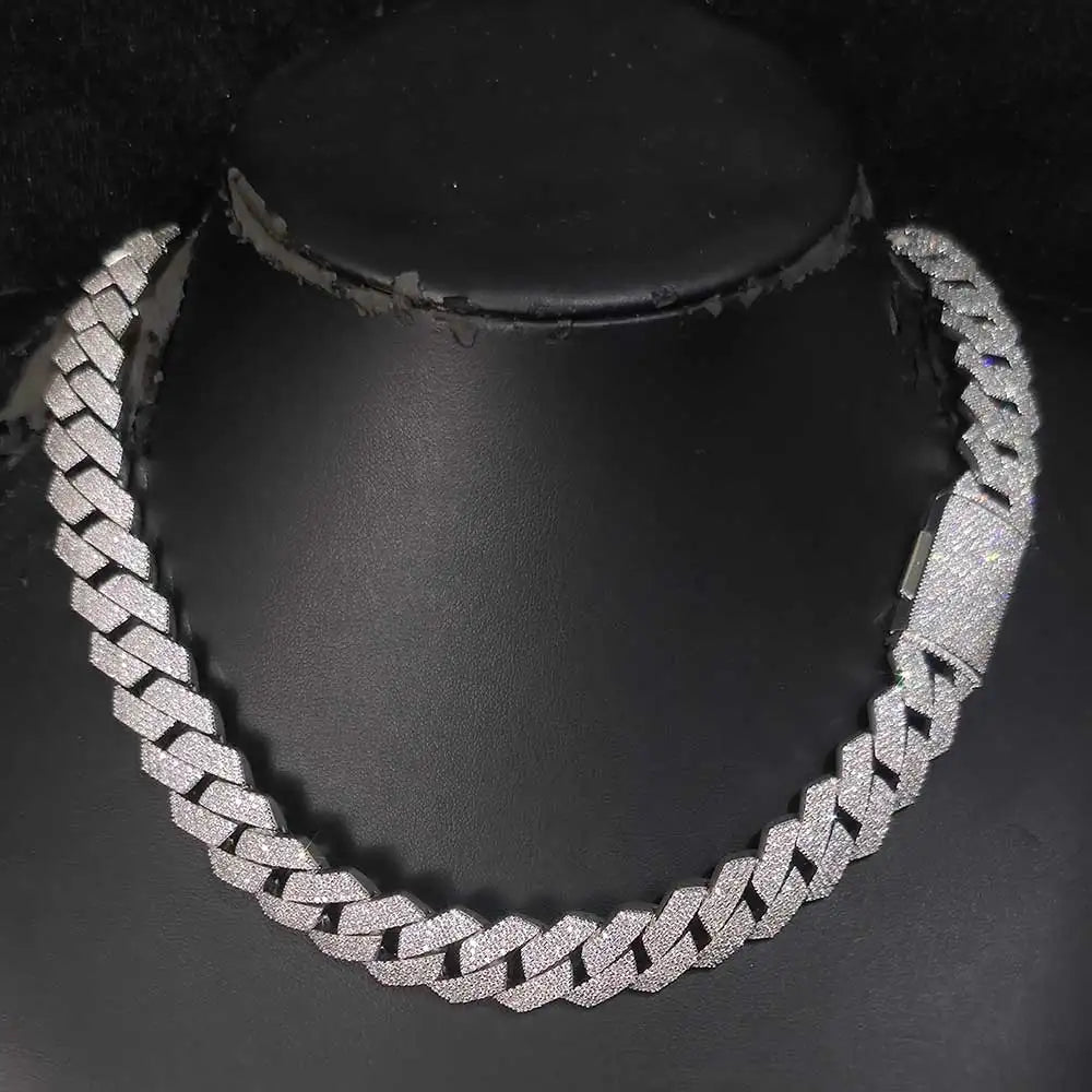 Moissanite Cuban Chain Necklace & Bracelet – 15mm 4 Rows Round Cut VVS Diamond with GRA Certificate | 925 Sterling Silver Jewelry Gift