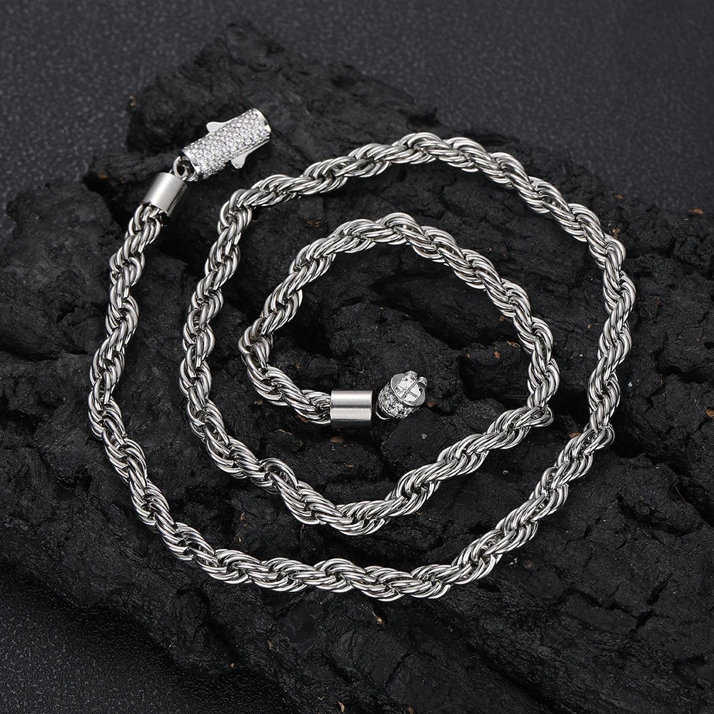 Rope Chain Necklace – 6mm Twist Design with Iced Out Clasp | Stainless Steel Hip Hop Jewelry for Men & Women