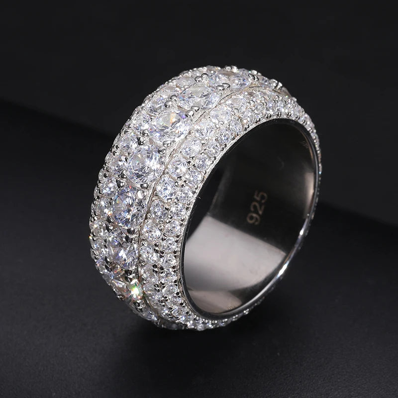Moissanite Ring – VVS1 11mm 3-Row Pave | S925 Sterling Silver Hip Hop Jewelry