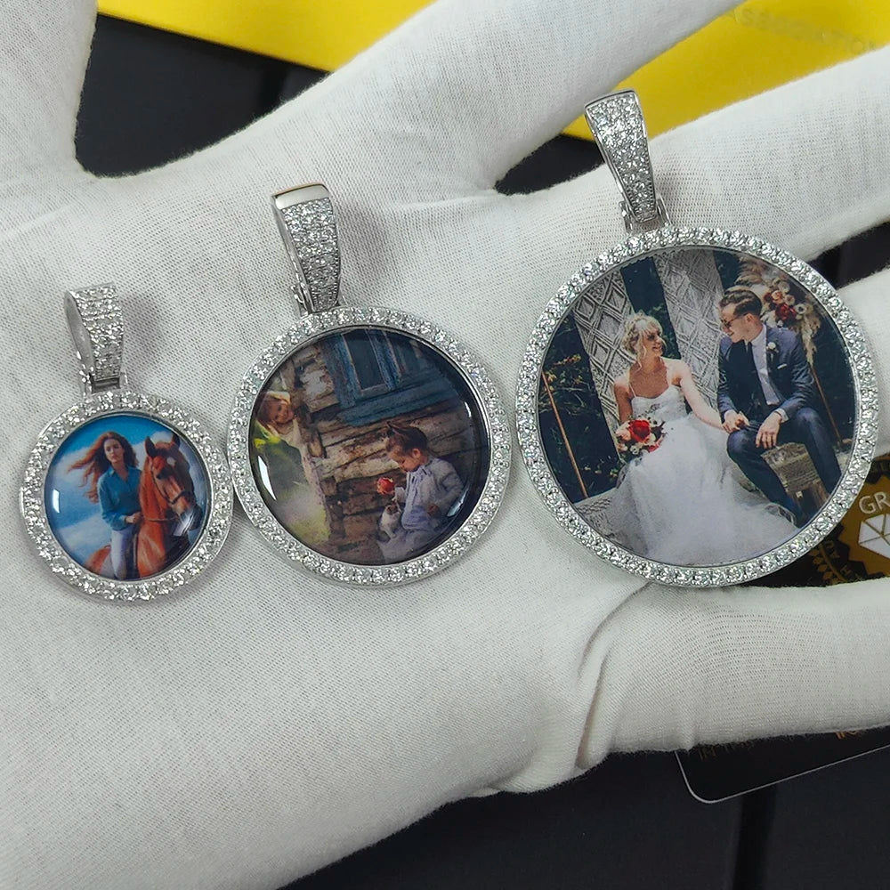 Moissanite Photo Pendant – Custom Circle Picture Chain | 925 Sterling Silver Hip Hop D Color VVS Diamond Pendant Necklace for Men & Women