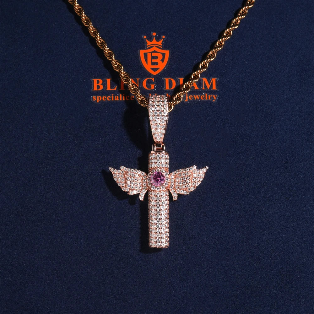 Moissanite Cross Pendant – Colorful VVS1 Diamond with GRA Certification | 925 Sterling Silver Fits 8mm Tennis Chain