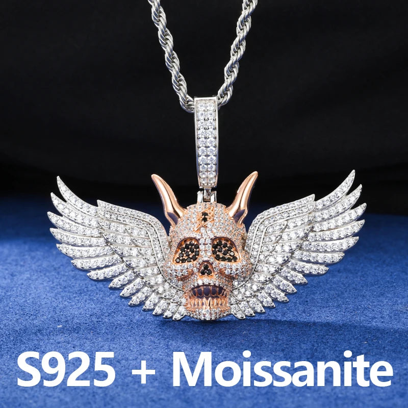Moissanite Skull Wing Pendant Necklace – Iced Out Bling | 925 Sterling Silver Hip Hop Jewelry for Men & Women