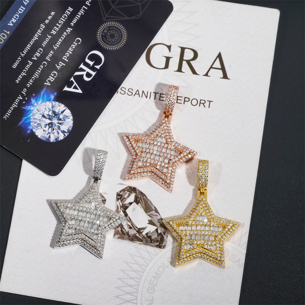 Moissanite Star Pendant – Rectangular Hip Hop Design | S925 Sterling Silver with Certificate Fits 3mm Tennis Chain