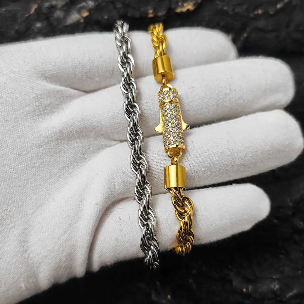 Rope Chain Necklace – 6mm Twist Design with Iced Out Clasp | Stainless Steel Hip Hop Jewelry for Men & Women