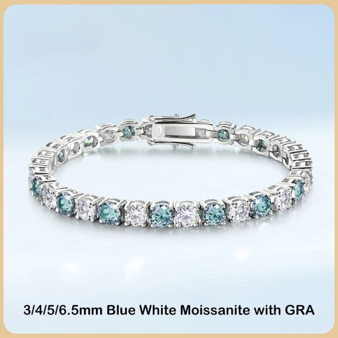 Moissanite Tennis Bracelet – D Color Blue, Green, White | 3mm–6.5mm | 925 Sterling Silver Diamond Link for Men & Women