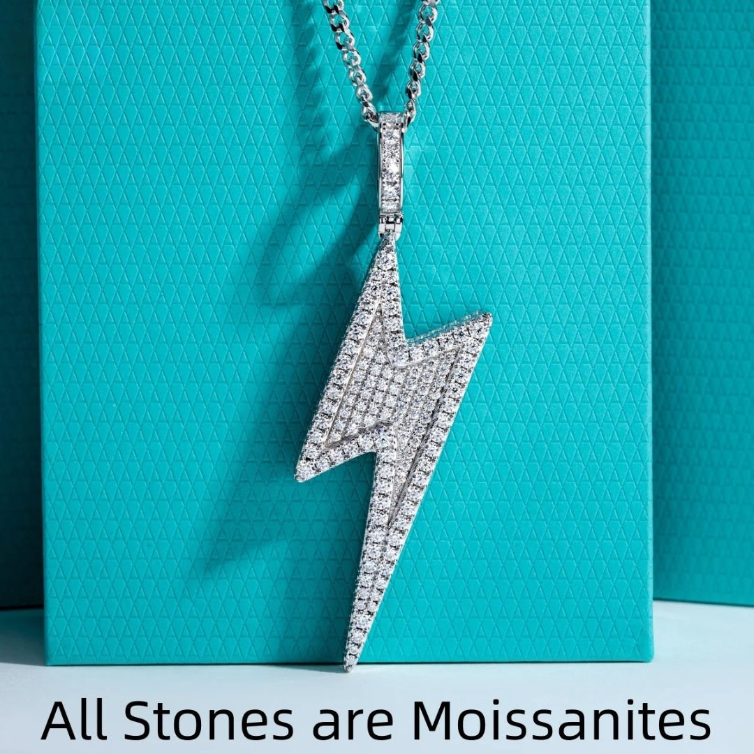 Moissanite Lightning Pendant Necklace – Hip Hop Statement Jewelry | 925 Sterling Silver Chain 60cm Dope Gift for Men & Women