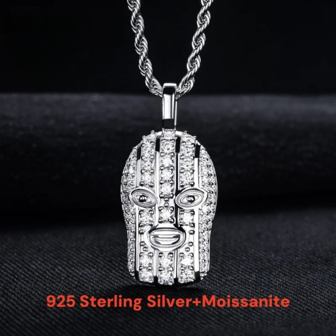Moissanite Head Pendant Necklace – 1.03cttw Masked Design | 925 Sterling Silver Hip Hop Heavy Metal Jewelry for Men & Women