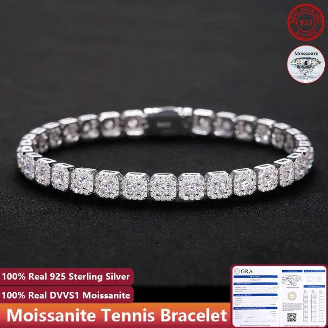 Moissanite Halo Tennis Bracelet – Iced Out Design with GRA Certificate | 925 Sterling Silver 18k Gold Plated Jewelry Gift for Men & Women