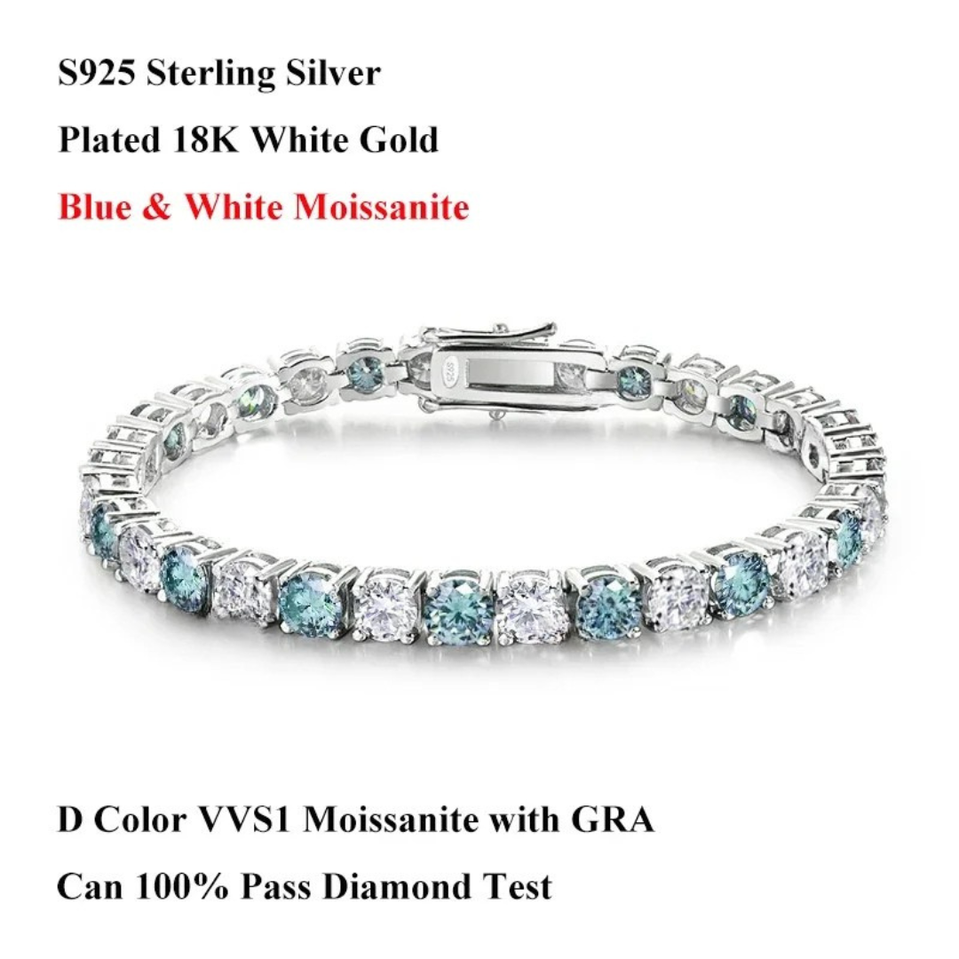 Moissanite Tennis Bracelet – D Color Blue, Green, White | 3mm–6.5mm | 925 Sterling Silver Diamond Link for Men & Women