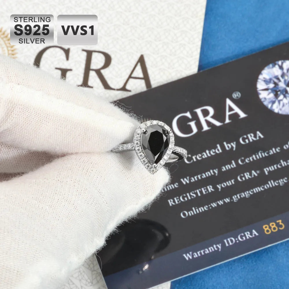 Moissanite Engagement Ring – 2.0ct Pear Shaped Black VVS Diamond Wedding Ring | 925 Sterling Silver Jewelry for Women