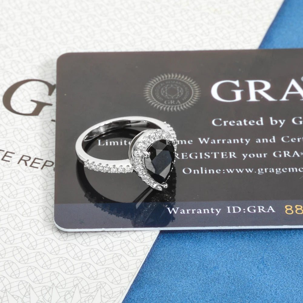 Moissanite Engagement Ring – 2.0ct Pear Shaped Black VVS Diamond Wedding Ring | 925 Sterling Silver Jewelry for Women