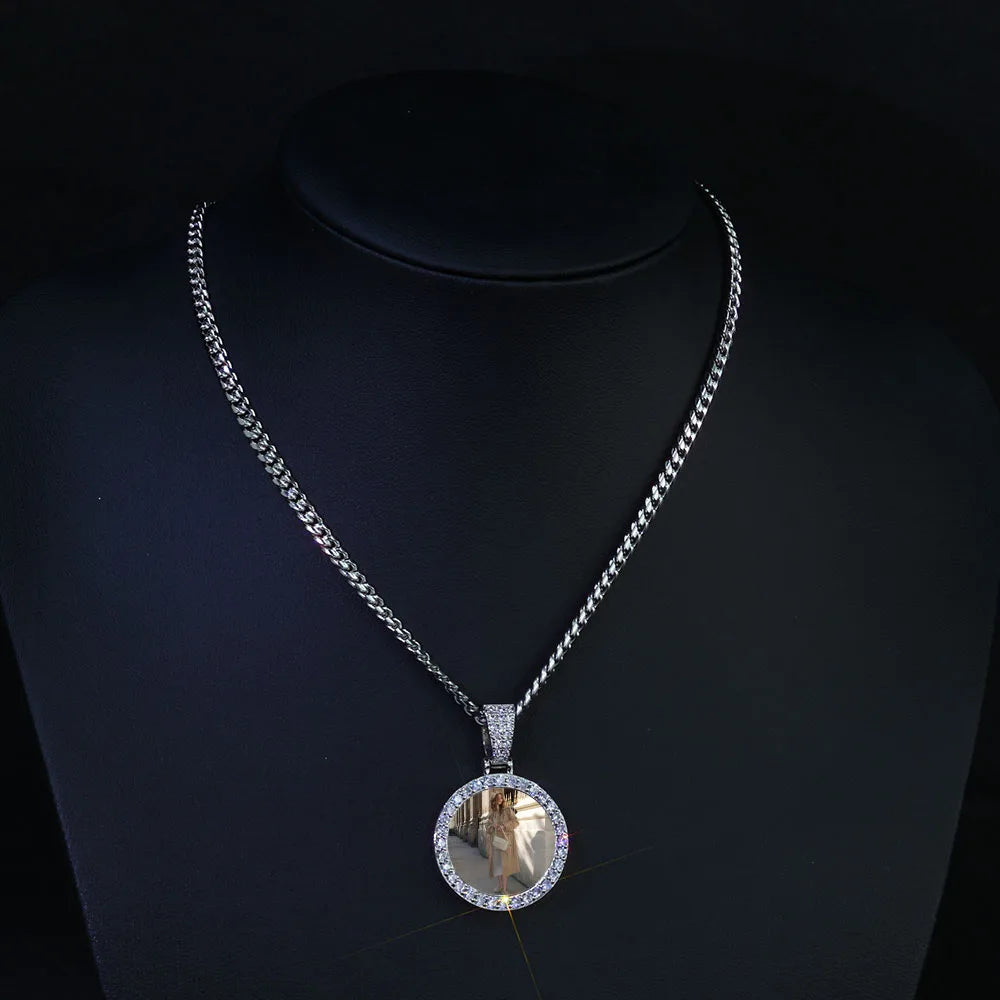 Moissanite Photo Pendant – Custom Circle Picture Chain | 925 Sterling Silver Hip Hop D Color VVS Diamond Pendant Necklace for Men & Women