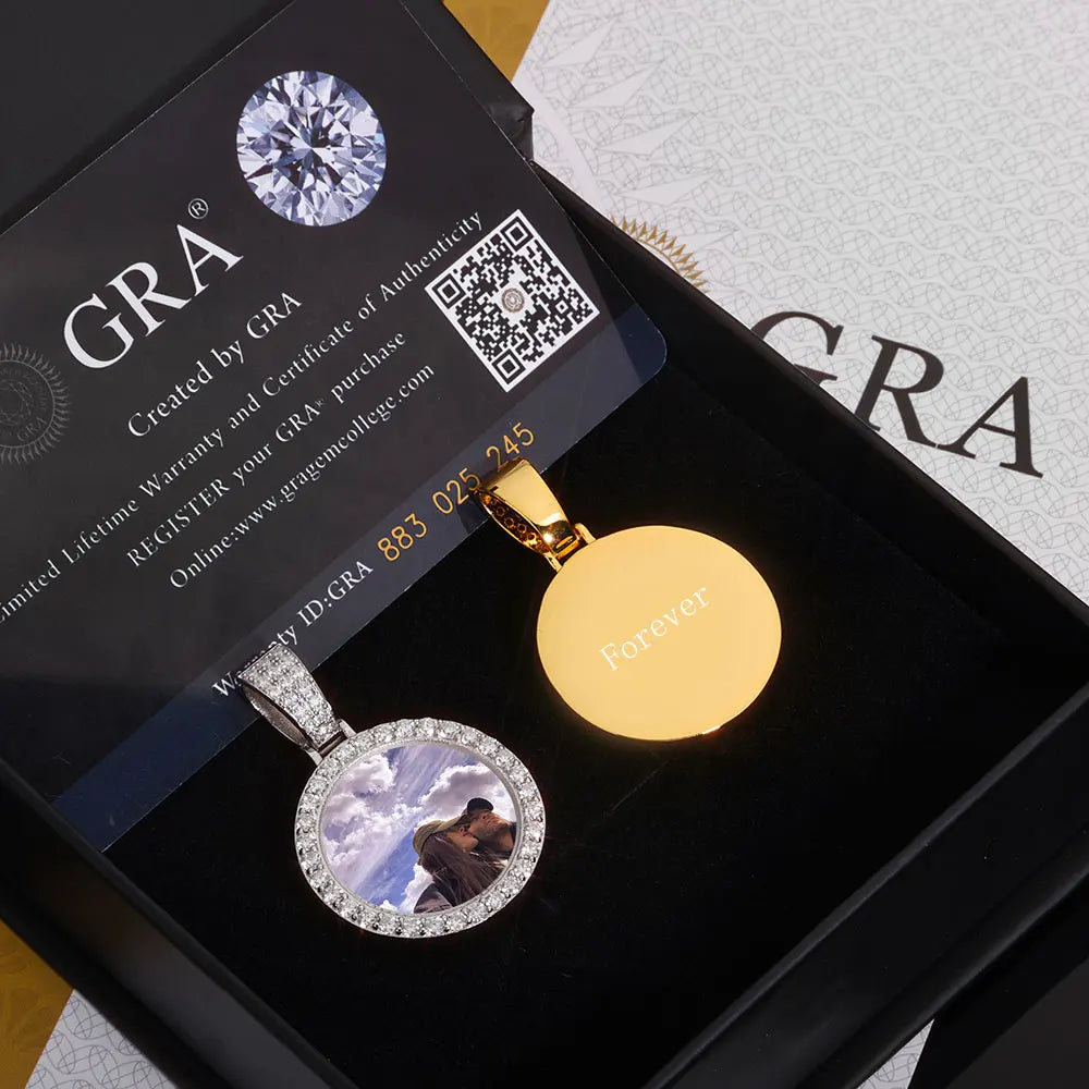 Moissanite Custom Photo Pendant Necklace – Circle Memory Medallion | 925 Sterling Silver Personalized Picture Chain for Men