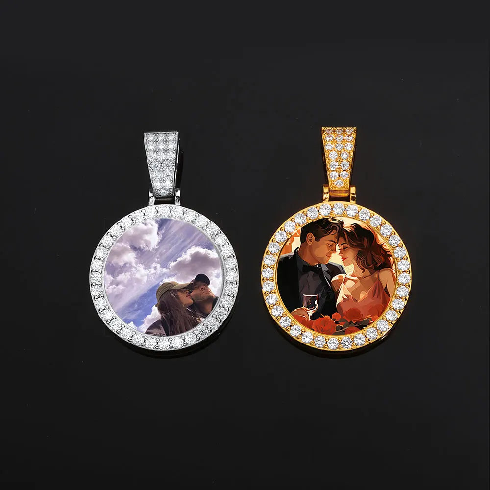 Moissanite Custom Photo Pendant Necklace – Circle Memory Medallion | 925 Sterling Silver Personalized Picture Chain for Men