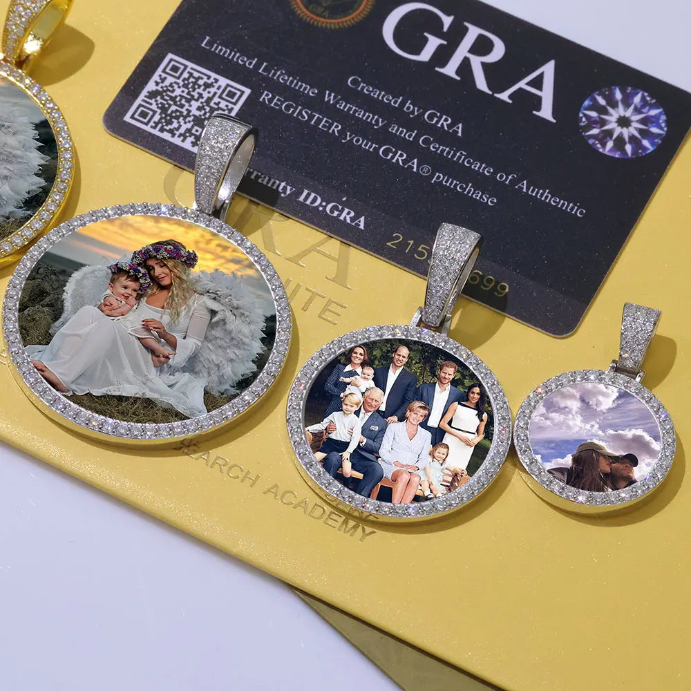 Moissanite Photo Pendant – Custom Circle Picture Chain | 925 Sterling Silver Hip Hop D Color VVS Diamond Pendant Necklace for Men & Women