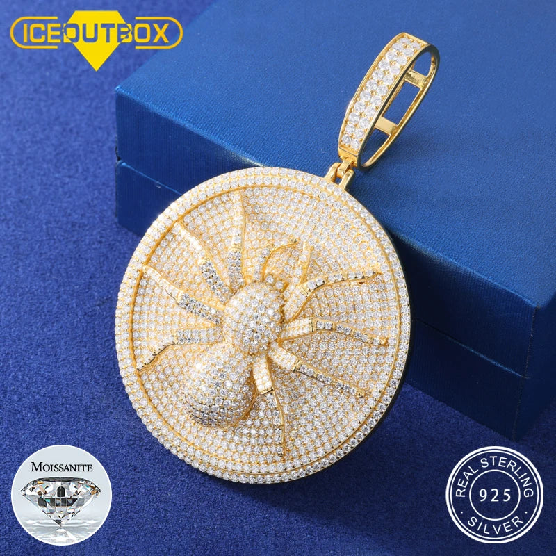 Moissanite Spider Pendant Necklace – Iced Out Round Charm Design | 925 Sterling Silver Hip Hop Jewelry for Men, Passed Diamond Test