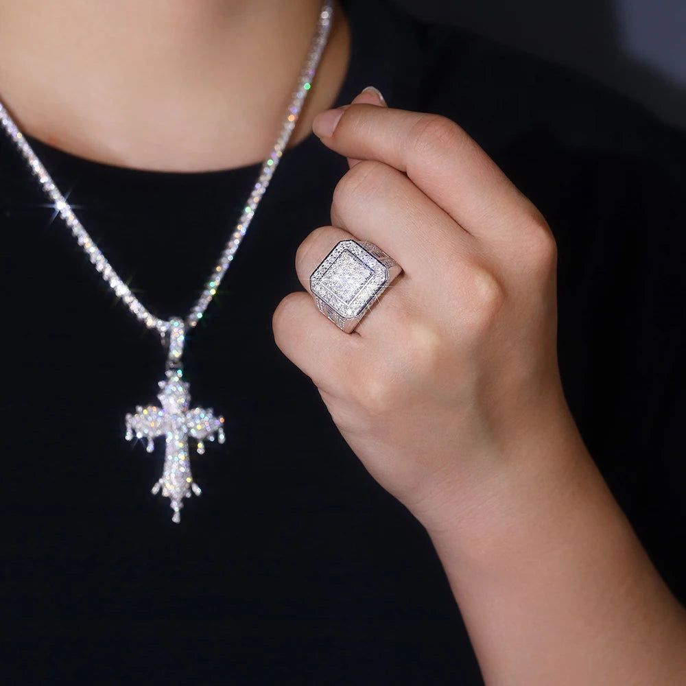 Moissanite Men's Ring – Square & Round Brilliant Cut Hip Hop Design | 925 Sterling Silver VVS Statement Jewelry