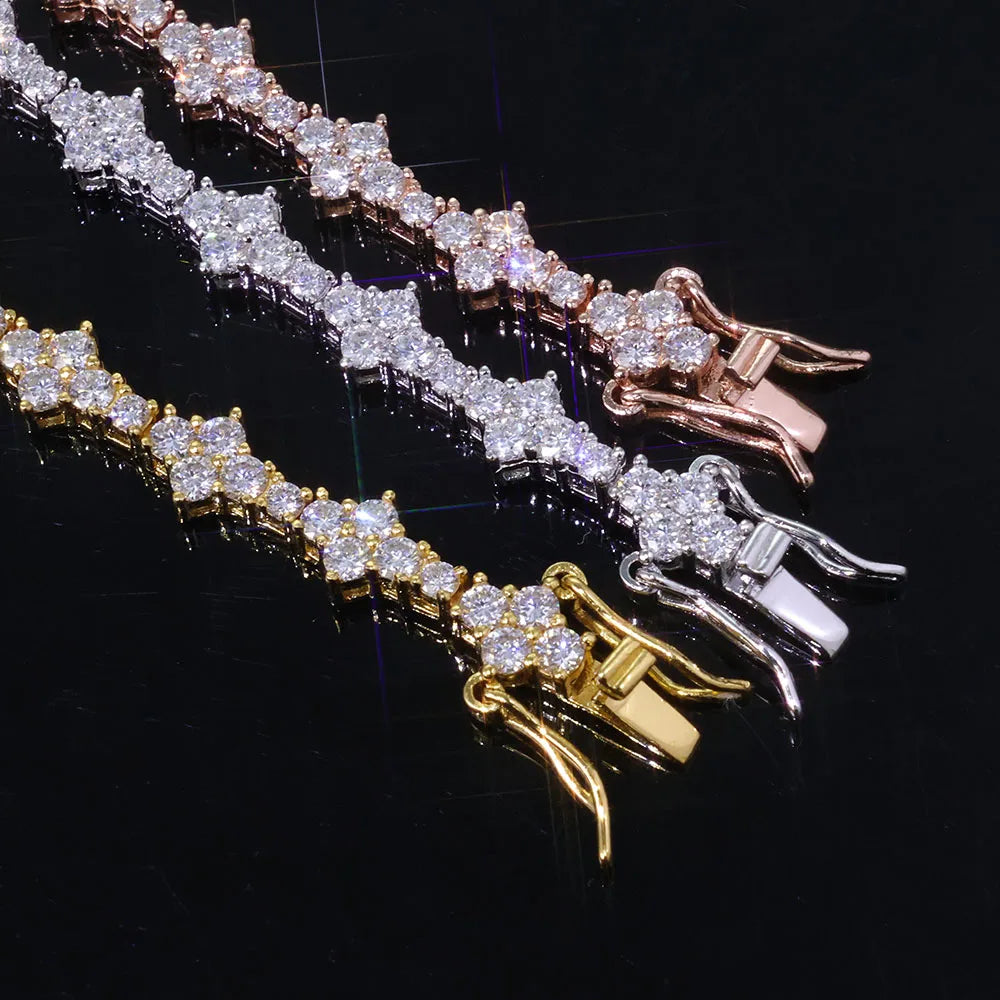 Moissanite Tennis Bracelet – Claw Setting D VVS Lab Diamond Cross Cluster Design | 925 Sterling Silver Hip Hop Jewelry