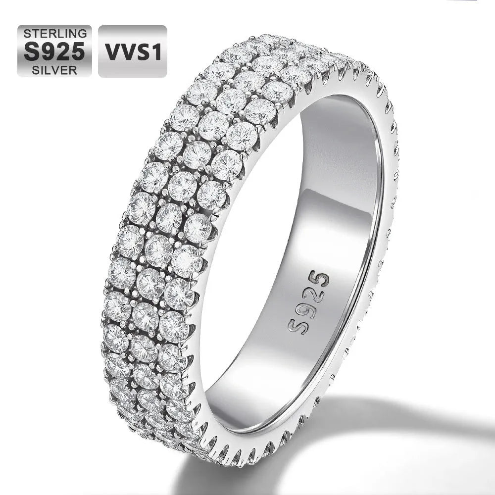 Moissanite Ring – 3 Rows Sparkling Hip Hop Design | 925 Sterling Silver Party Jewelry for Men & Women