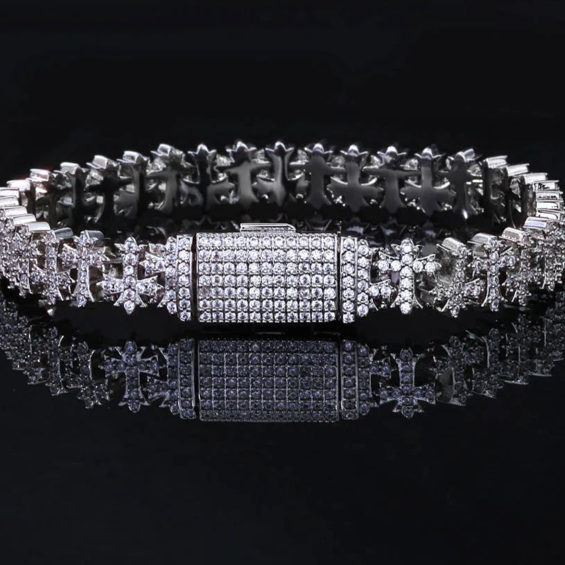 Moissanite Snowflake Cross Bracelet – 8mm Iced Out VVS Design | 925 Sterling Silver Tennis Chain with GRA for Men & Women