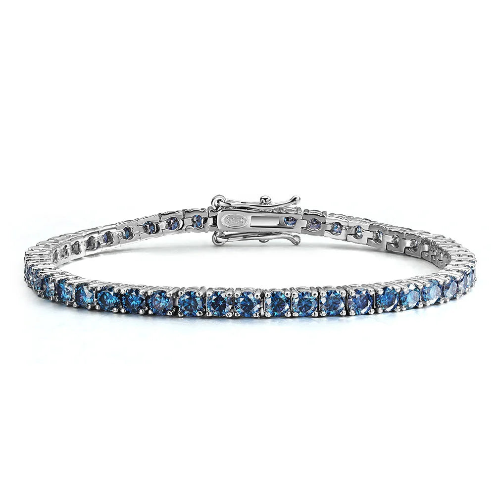 Moissanite Tennis Bracelet – 3mm 4mm Blue Lab Grown Diamond with Certificate | 925 Sterling Silver 18K Gold Plated Bracelet for Women & Men