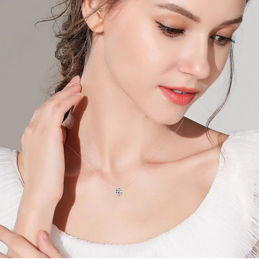 Moissanite Necklace for Women – 0.5ct 1ct 2ct 3ct Certified Brilliant Cut Pendant | Sparkling Fishing Line Design Pure 925 Sterling Silver