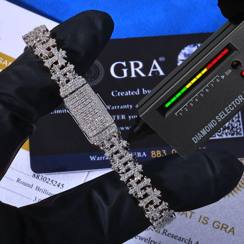 Moissanite Snowflake Cross Bracelet – 8mm Iced Out VVS Design | 925 Sterling Silver Tennis Chain with GRA for Men & Women