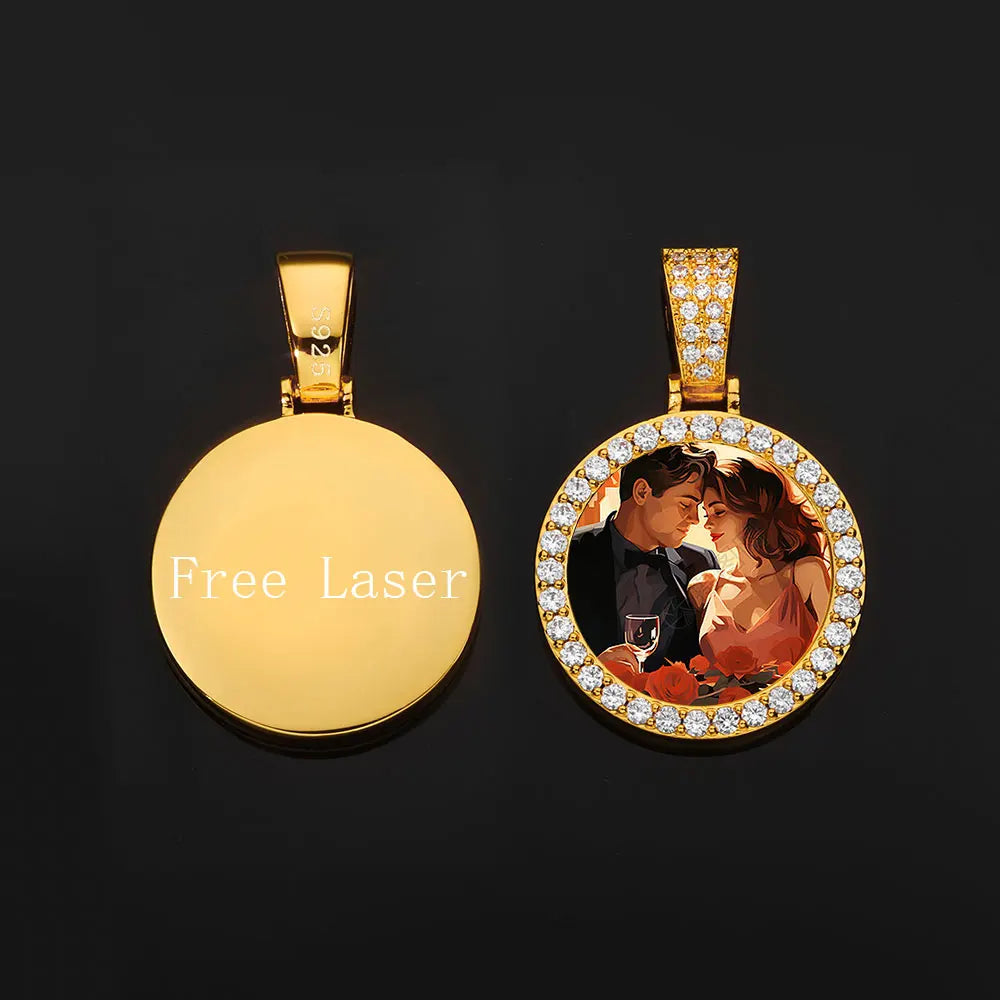 Moissanite Custom Photo Pendant Necklace – Circle Memory Medallion | 925 Sterling Silver Personalized Picture Chain for Men