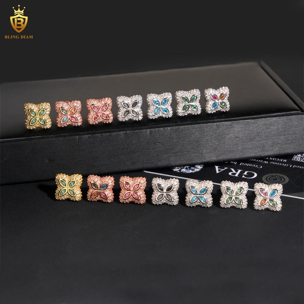 Flower Design Moissanite Stud Earrings – New Arrivals | Colorful Diamond Iced Out Hip Hop Jewelry 925 Sterling Silver