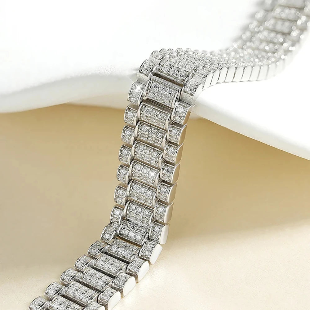 Moissanite Watch Chain Bracelet – 1.2mm Certified Full Diamond Bangle with GRA | 925 Sterling Silver Fine Jewelry for Women & Men