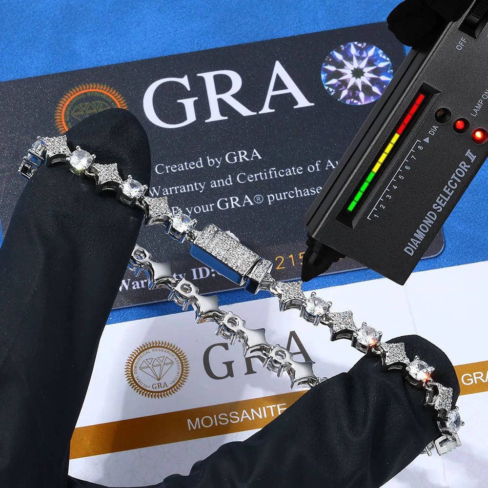 Moissanite Star Tennis Bracelet – 6mm D VVS Diamond Cluster Hip Hop Chain | 925 Sterling Silver Jewelry for Men & Women